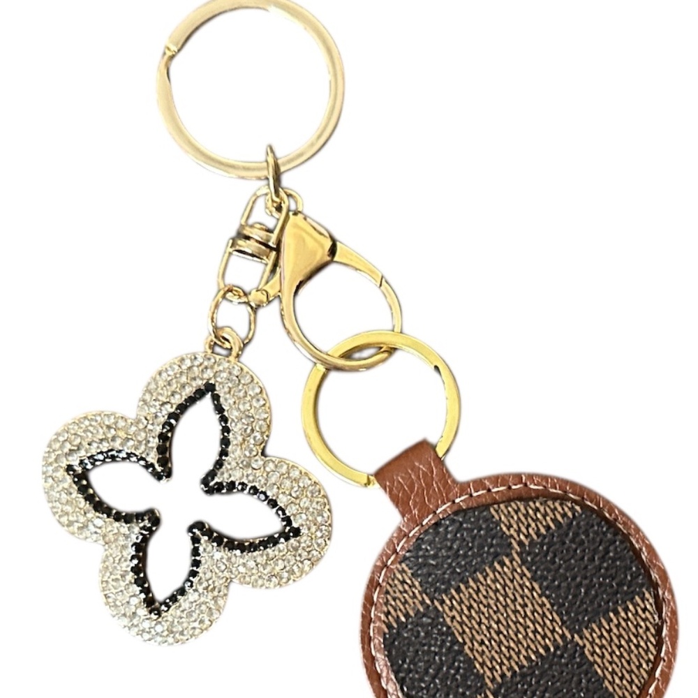 Brown Check Pattern Keychain With Gold Tone Hardw… - image 4